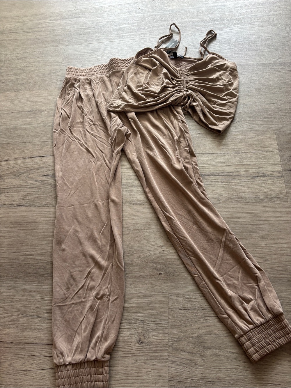 Express Two-Piece Ruched Cropped Tank & Tan Joggers Set